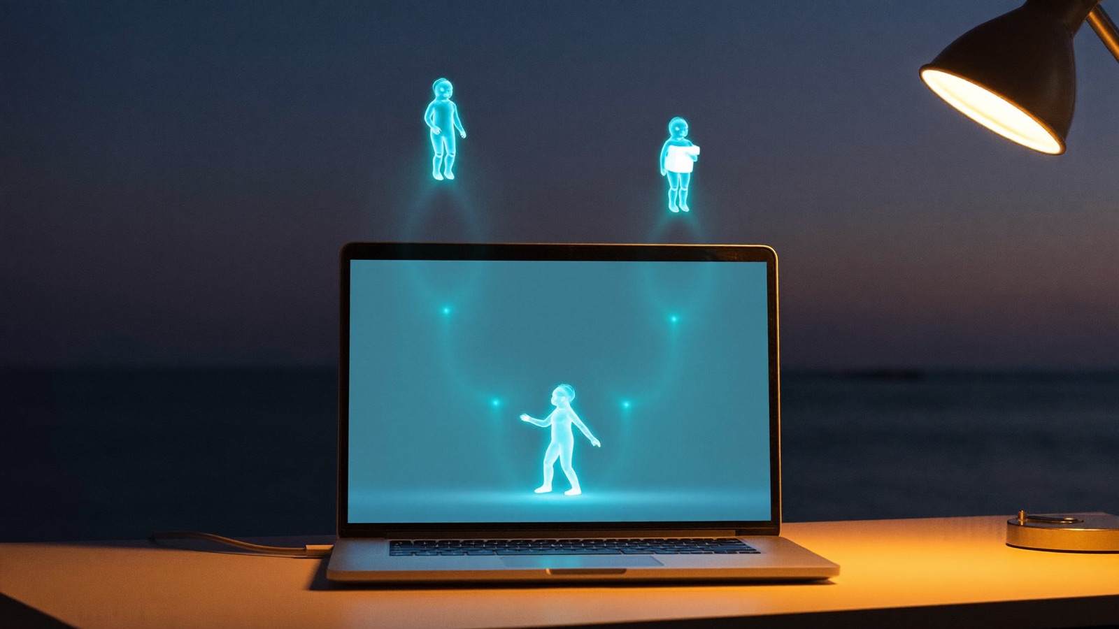 Laptop con agenti AI luminosi al lavoro sulla scrivania