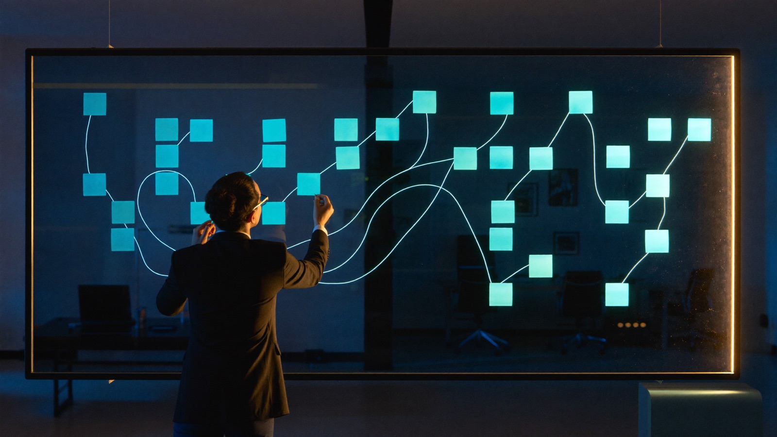 Professionista che mappa i processi di lavoro su una lavagna luminosa