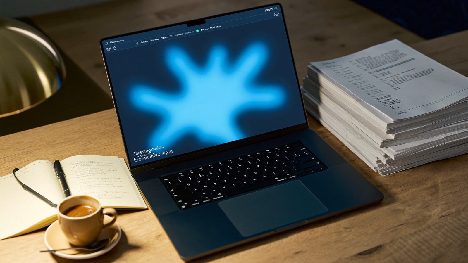 Scrivania con laptop e pila di documenti prodotti in consulenza